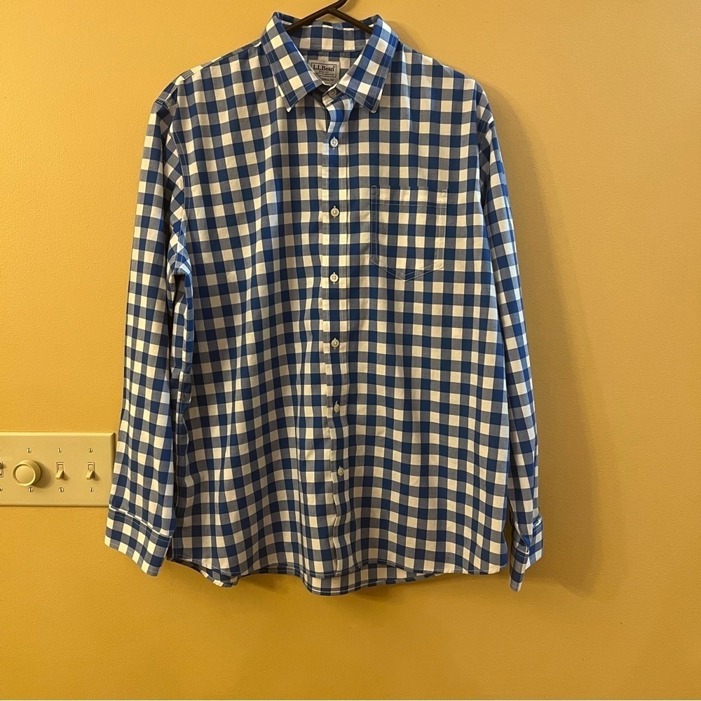 LL Bean Blue White Gingham Long Sleeve Button Down Shirt Size L-Regular